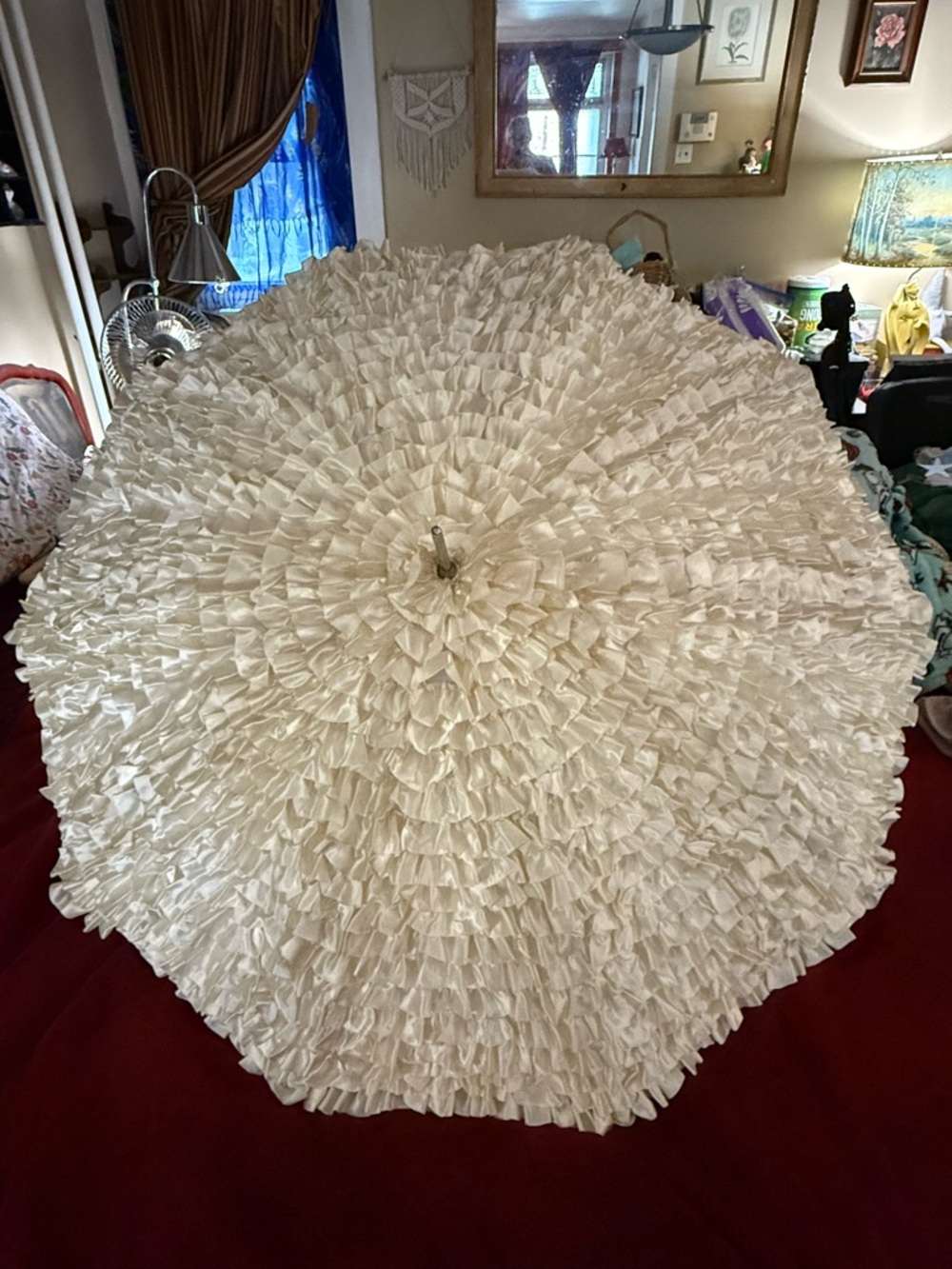 Large Vtg Ruffled Parasol Cream Tassel Wedding Costume Halloween Photo Prop